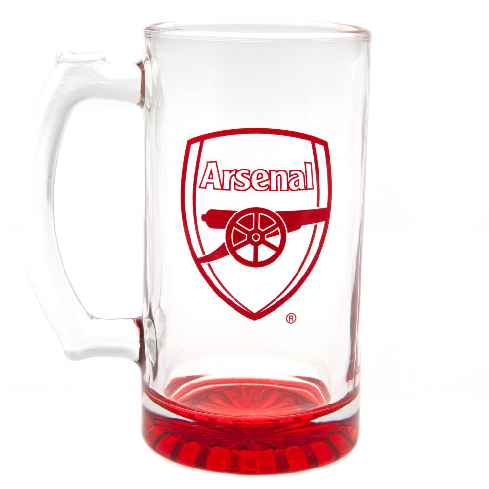 Glas med Arsenal FC-logo i rød, rød bund og hvidt håndtag.
