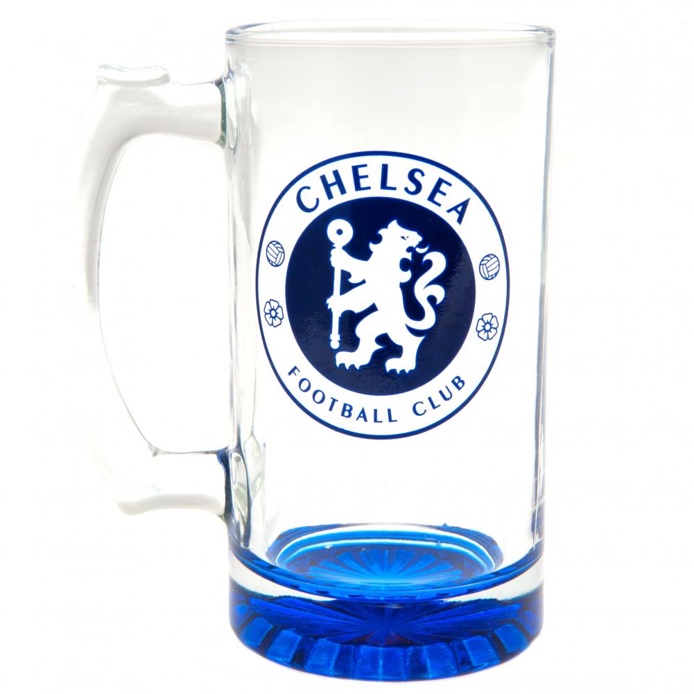 Chelsea FC-glas med blåt logo og blå bund. Logoet viser en løve og teksten "Chelsea Football Club".