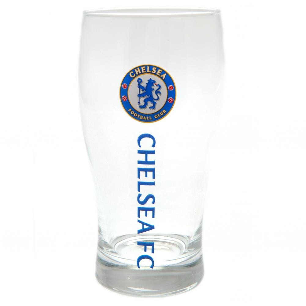 Klart glas med Chelsea FC-logo og blå tekst "CHELSEA FC" lodret. Højde: 15,5 cm.