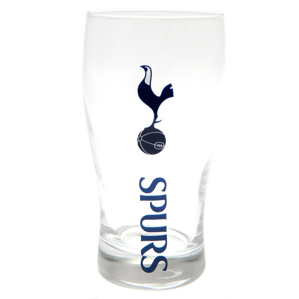 Pintglas med Tottenham-logo og "SPURS" skrevet lodret. Elegant, buet design, 15,5 cm høj.