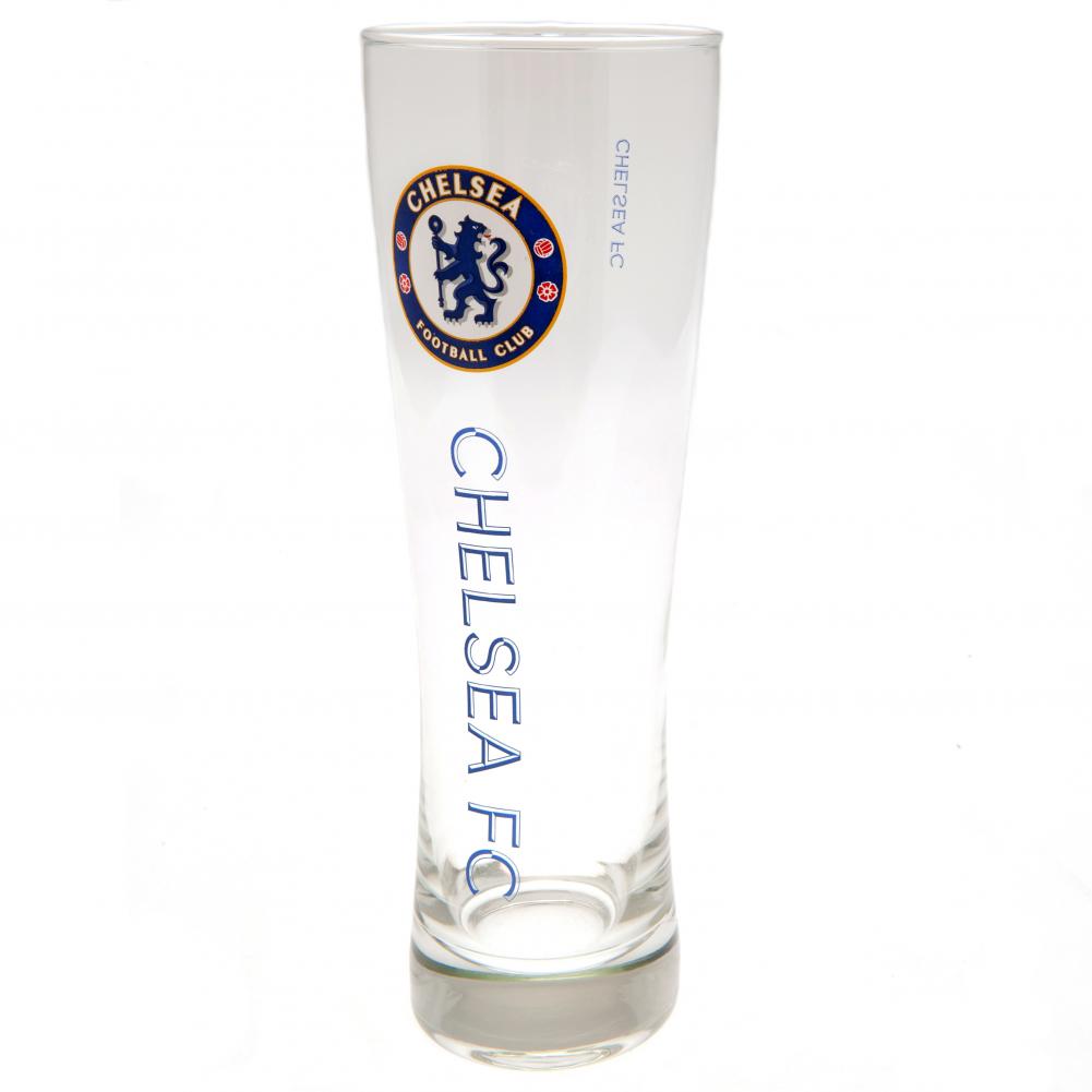 Højt glas med Chelsea FC-logo øverst og "CHELSEA FC" skrevet lodret langs siden.