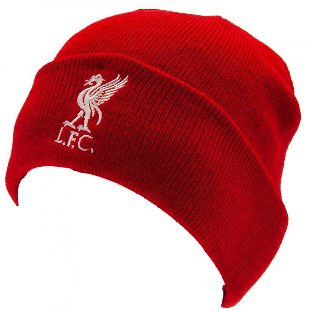 Rød hue med opbukket kant og Liverpool FC-logo broderet foran.