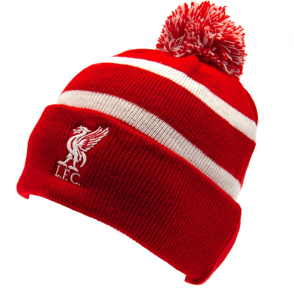 Rød/hvid Liverpool FC hue med kvast og LFC-logo.