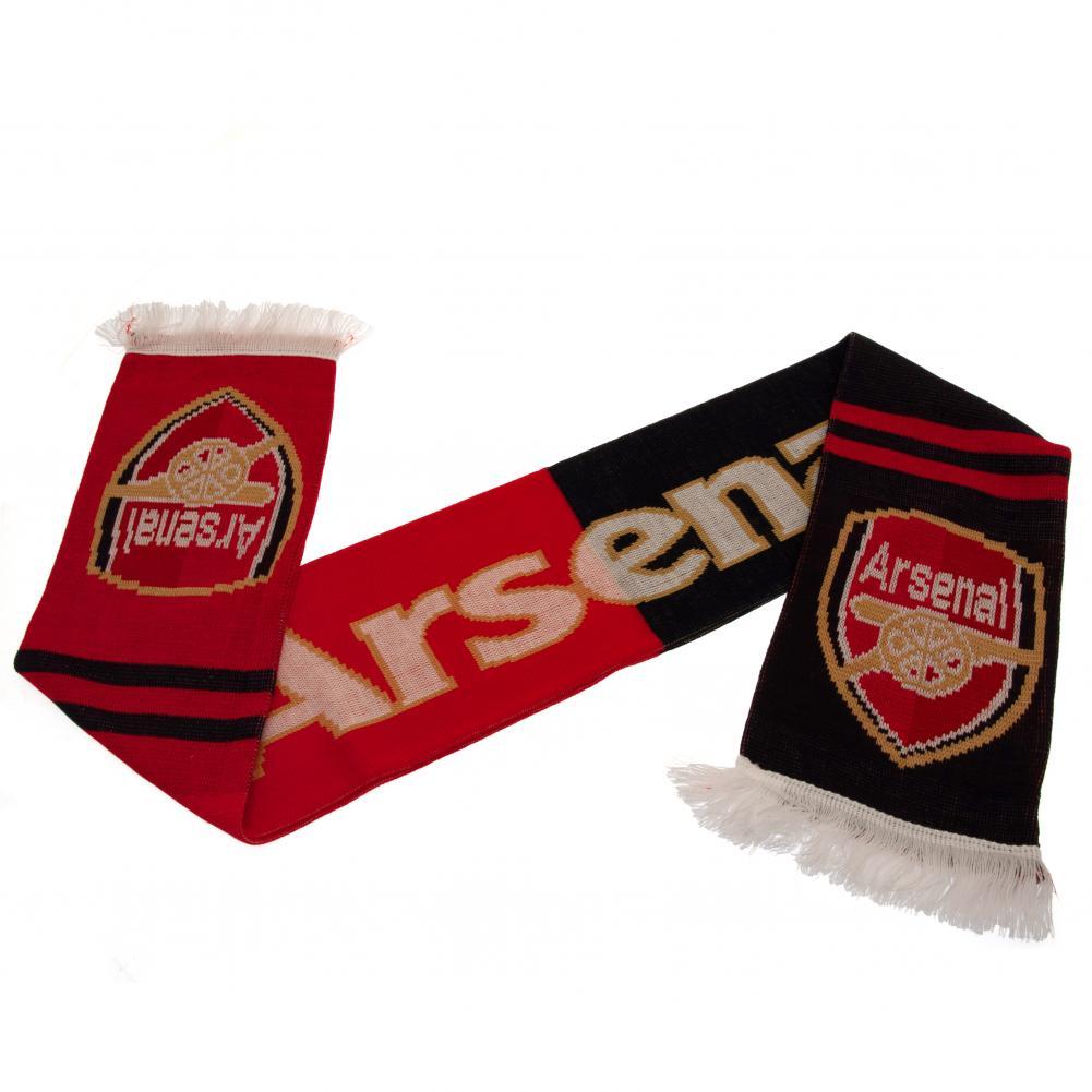 Arsenal FC halstørklæde i rødt og sort med logo og hvide frynser.