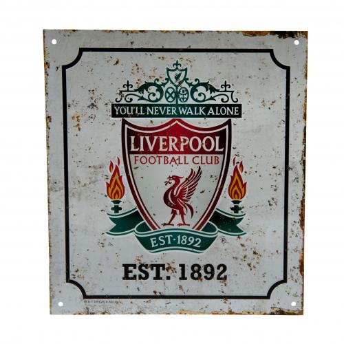 Retro skilt med Liverpool FC logo, Liverbird, flammer, tekst "You'll Never Walk Alone", år 1892.