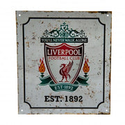 Retro skilt med Liverpool FC logo, Liverbird, flammer, tekst "You'll Never Walk Alone", år 1892.