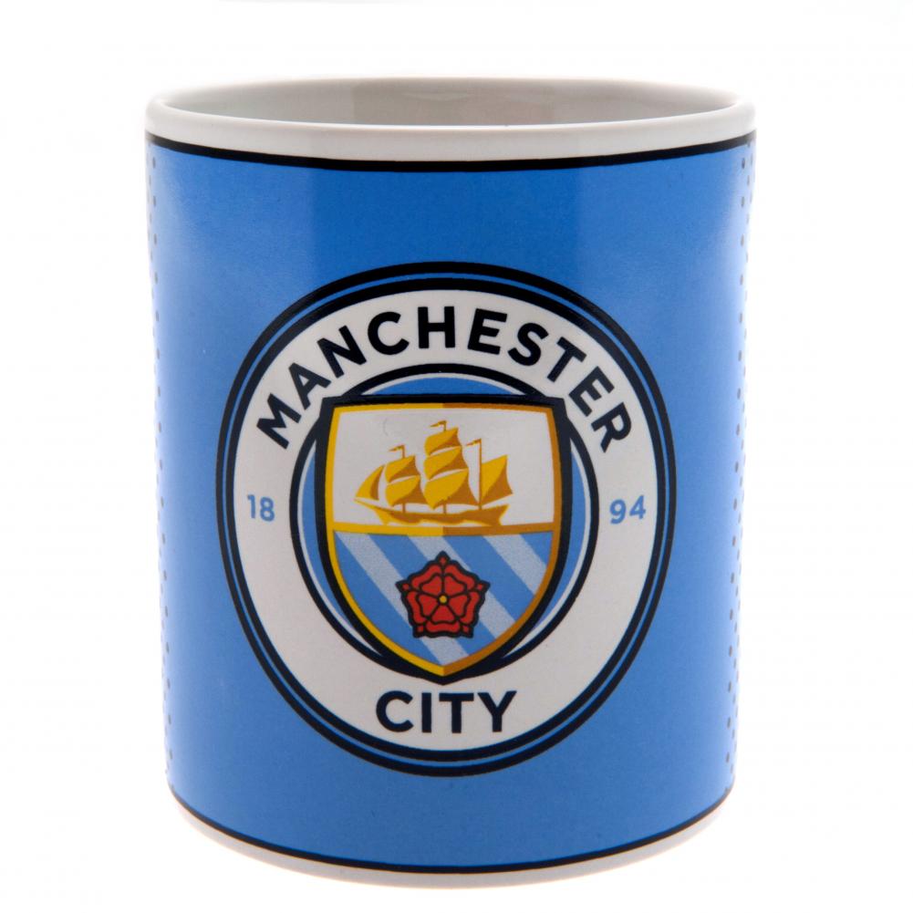 Blå krus med Manchester City FC-logo, der viser skib og rød rose.