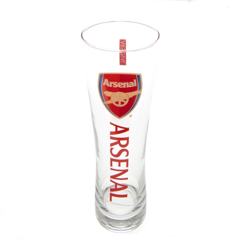 Højt glas med Arsenal FC-logo og tekst i rødt. Klar, cylindrisk form.