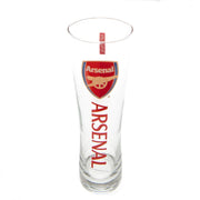 Højt glas med Arsenal FC-logo og tekst i rødt. Klar, cylindrisk form.
