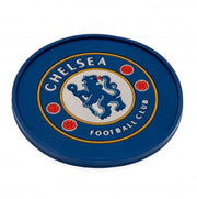 Rund Chelsea FC ølbrik med løvelogo, røde roser, blå baggrund og hvide bogstaver.
