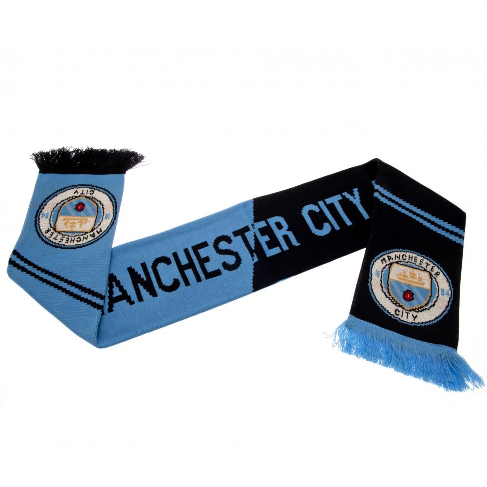 Manchester City FC halstørklæde i lyseblå og sort med klublogo og frynser i enderne.