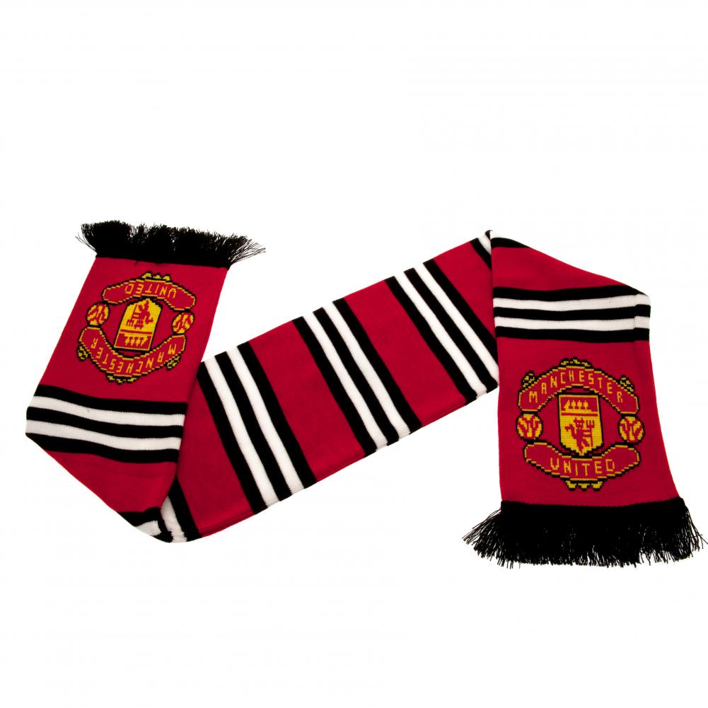 Manchester United FC halstørklæde med røde/sorte striber og logo på begge ender, sorte frynser.