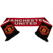Rødt halstørklæde med "MANCHESTER UNITED", klublogoer i begge ender og frynser.