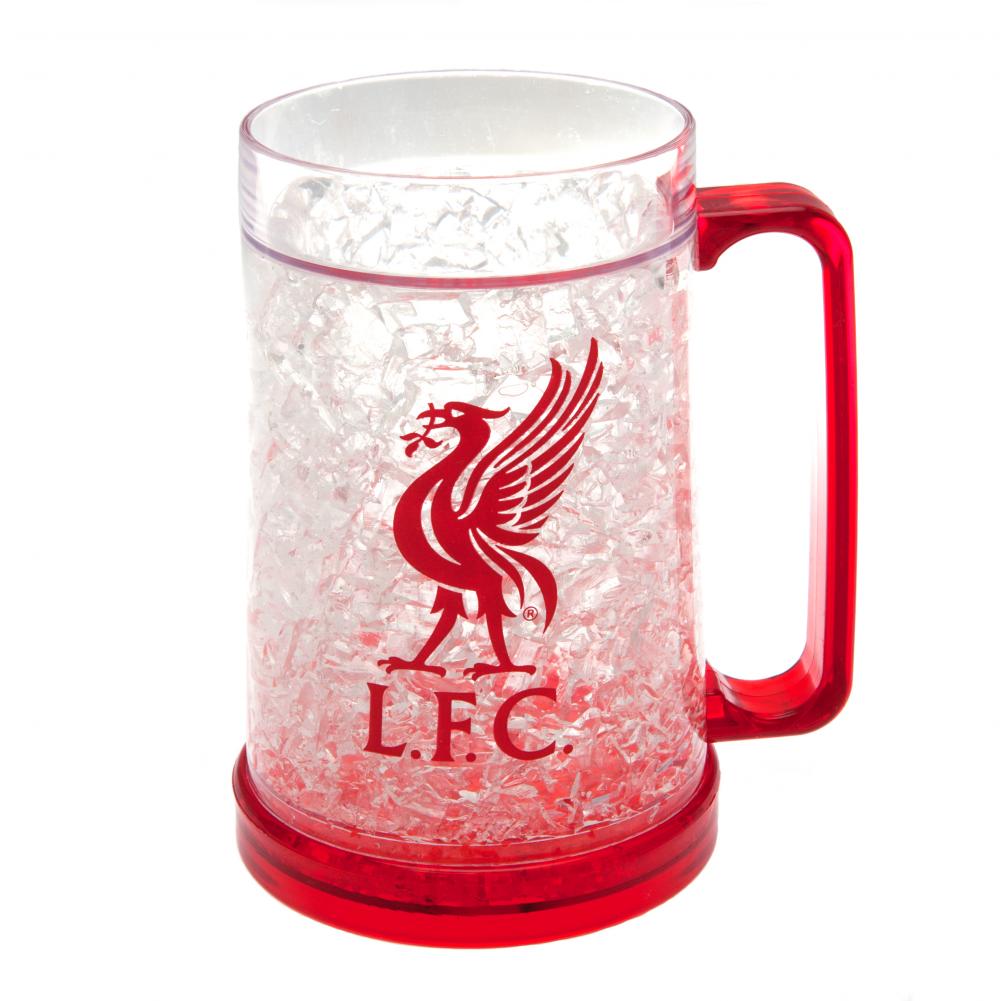Transparent krus med rød hank og bund, Liverpool FC logo og struktureret inderside.