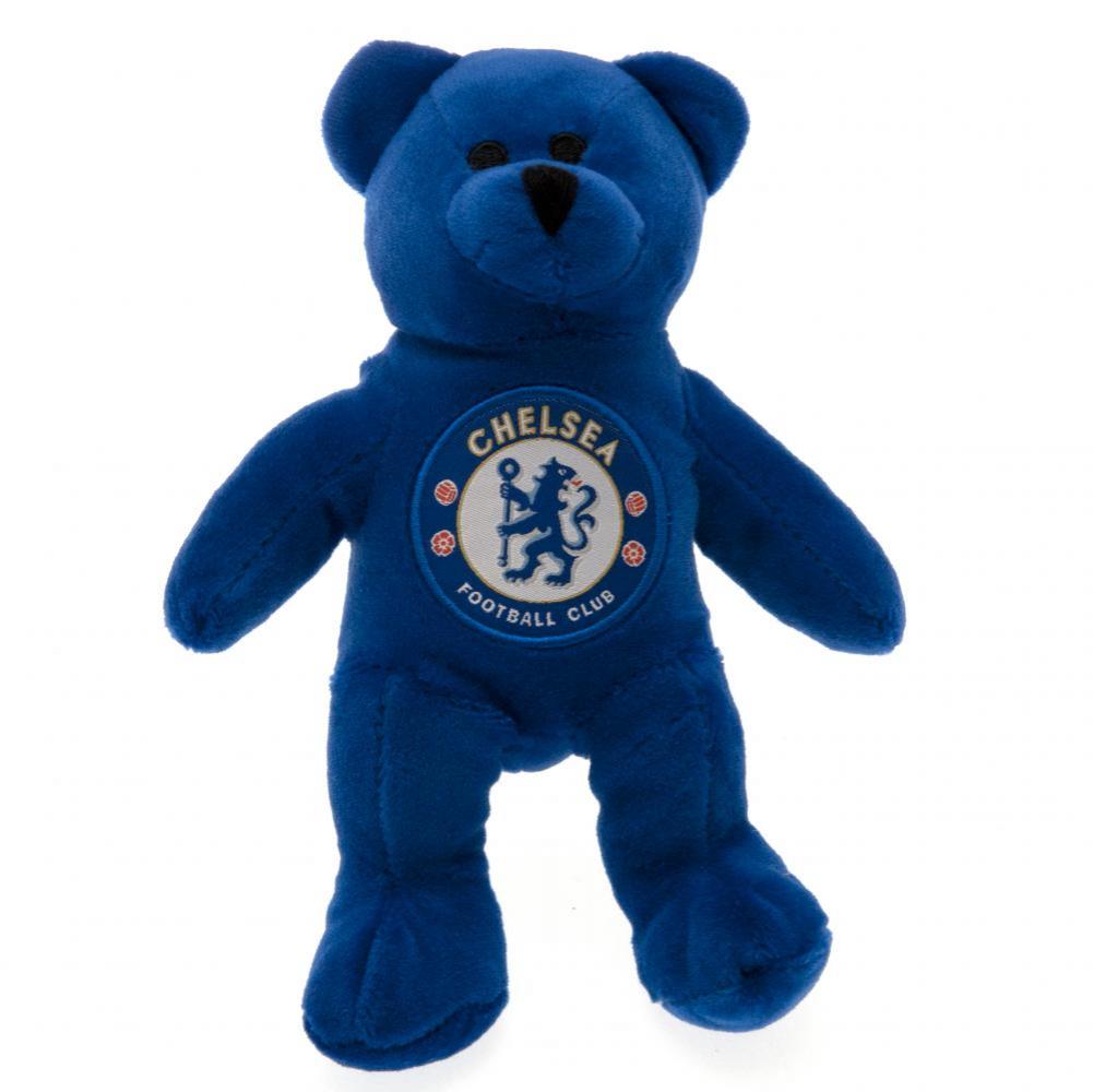 Blå plysbjørn med Chelsea FC-logo på brystet, rund form, blød tekstur.