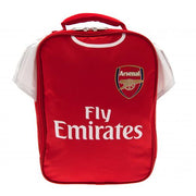 Rød/hvid Arsenal FC frokost taske med Fly Emirates logo og Arsenal FC emblem på forsiden.