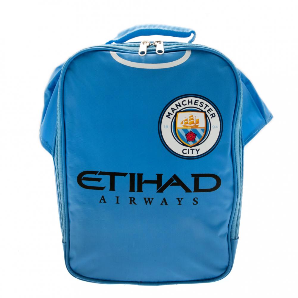 Blå frokosttaske med Manchester City-logo og Etihad Airways. Ligner fodboldtrøje med lynlås og håndtag.