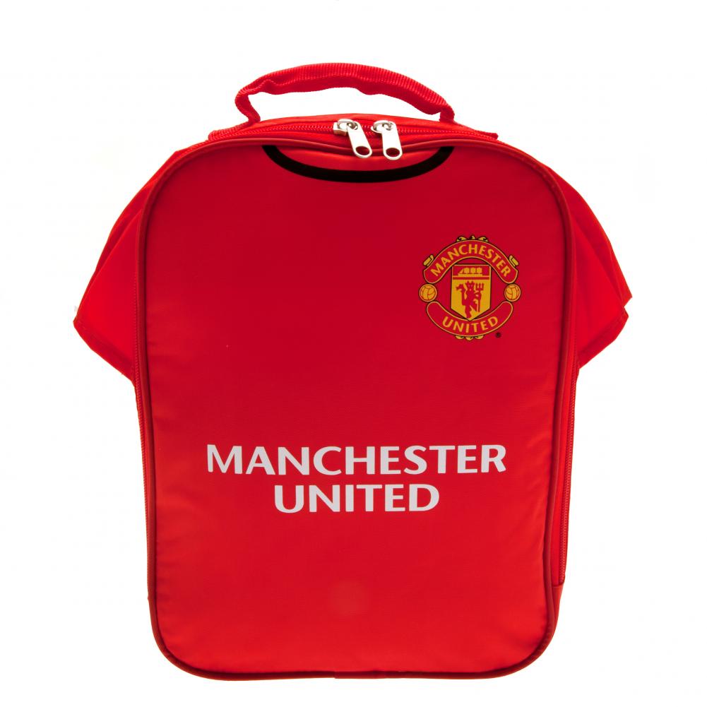 Rød frokosttaske med Manchester United logo, firkantet form, håndtag og lynlås med to pullere.