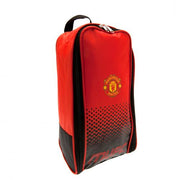 Rød og sort Manchester United støvletaske med logo og lynlås, designet til sportsudstyr.