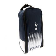 Blå Tottenham Hotspur FC støvletaske med hvidt logo og prikmønster, sort lynlås og håndtag.