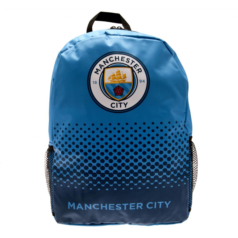 Manchester City FC rygsæk med logo, mesh sidelommer og justerbare skulderstropper.