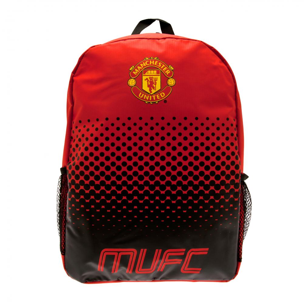Rød Manchester United rygsæk med logo og sorte prikker. "MUFC" står nederst.