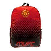 Rød Manchester United rygsæk med logo og sorte prikker. "MUFC" står nederst.
