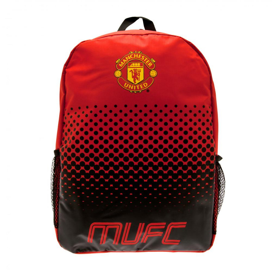 Rød Manchester United rygsæk med logo og sorte prikker. "MUFC" står nederst.