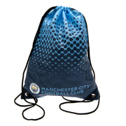 Blå Manchester City FC gymnastikpose med logo og sorte snore til lukning og bæring.