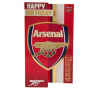 Arsenal FC fødselsdagskort, rødt med logo, "Happy Birthday" og "Gunners" tekst.