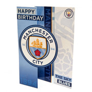 Manchester City FC fødselsdagskort med logo og teksten "Happy Birthday" og "The Sky Blues."