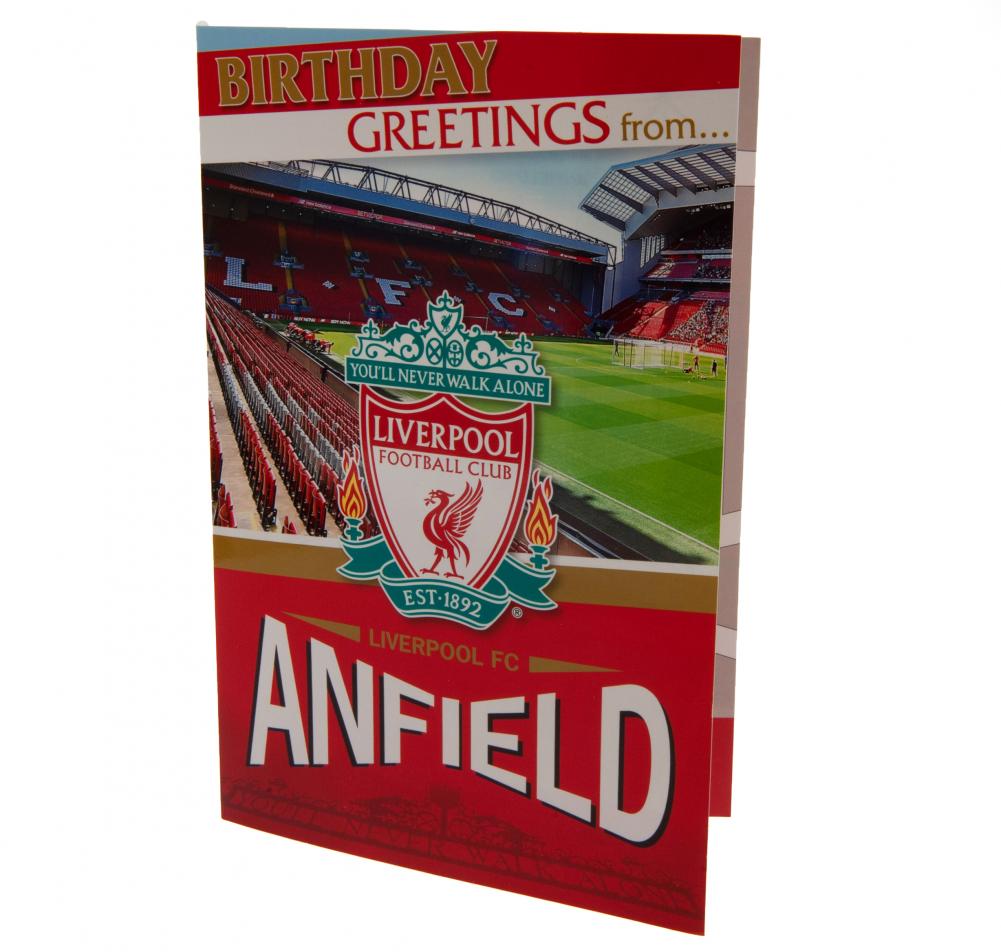 Liverpool FC fødselsdagskort med Anfield-stadion og logo. Tekst: "Birthday Greetings from..."