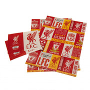 Rødt Liverpool FC gavepapir med logo, slogans som "You'll Never Walk Alone" og hvide accenter.